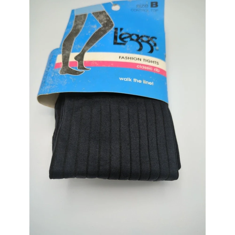 L'eggs 1 Pair Tights Size B Textured Jet Black Ribbed Fashion Opaque Spring Fall